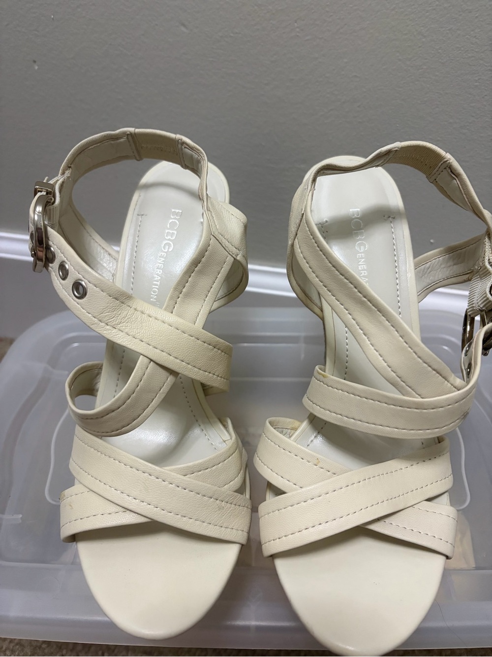 BCBGeneration Women's Cream Strappy Wedge Heels